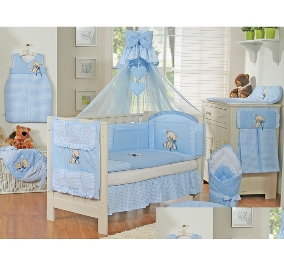 Conjunto de cama bebé  5 elementos urso coração azul